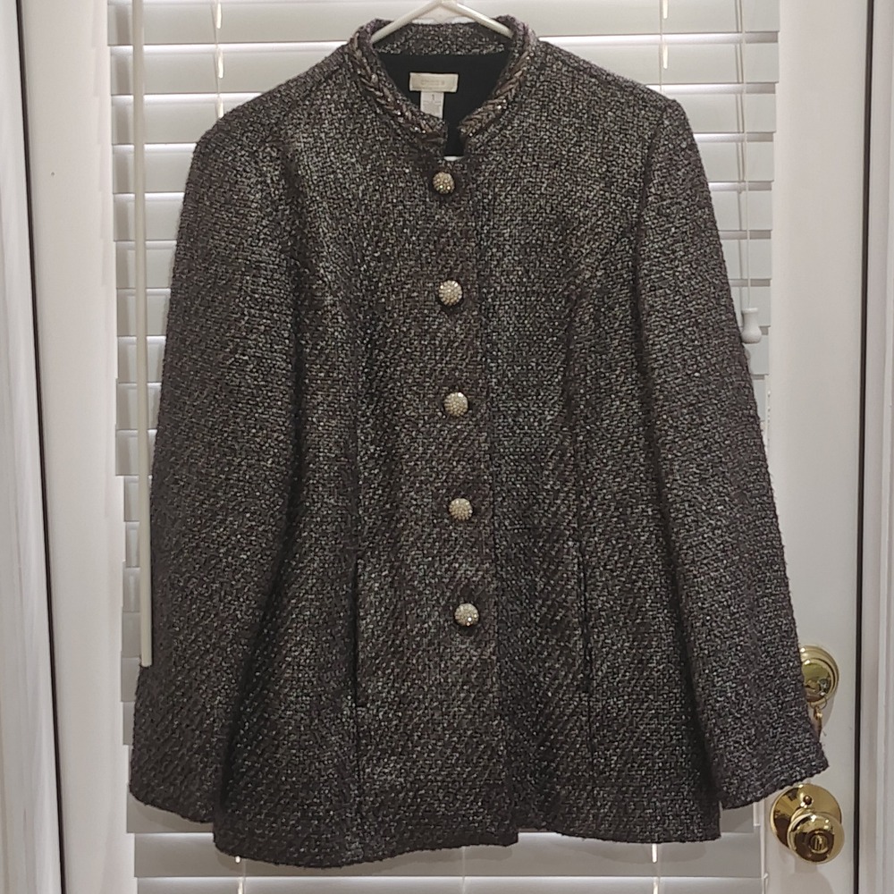 CHICOS TWEED BLAZER WOMENS SZ 1 MEDIUM OLD MONEY DARK ACADEMIA CAREER BLINGY